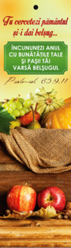 Semn de carte cu panglica  verde -   Versete:  "Tu cercetezi pământul şi-i dai belşug... Încununezi anul cu bunătăţile Tale şi paşii Tăi varsă belşugul" Psalmul 65:9,11   [59]