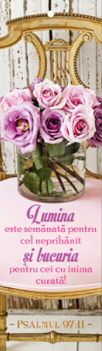 Semn de carte cu panglica  mov -  Verset:  "Lumina este semănată pentru cel neprihănit şi bucuria pentru cei cu inima curată." Psalmul 97:11   [62]