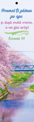 Semn de carte cu panglica  mov -   Verset:  "Aruncă-ţi pâinea pe ape şi, după multă vreme, o vei găsi iarăşi!" Eclesiastul 11:1  [64]