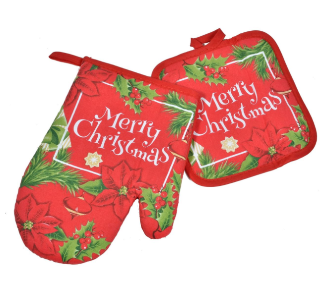 Set manusa de bucatarie, imprimeu Merry Christmas si flori, 18 x 26 cm Set manusa de bucatarie, imprimeu Merry Christmas si flori, 18 x 26 cm