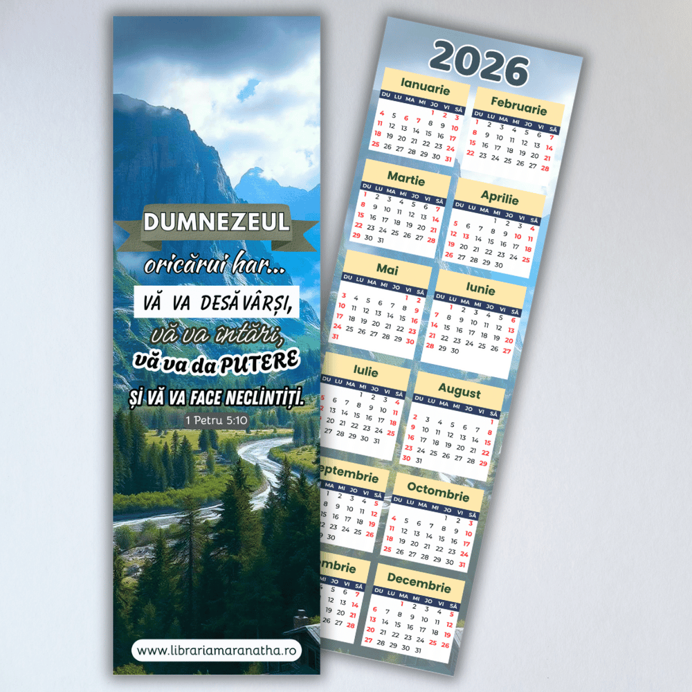 Semn de carte creștin cu CALENDAR 2026, fata/verso - Dumnezeul oricarui har Semn de carte creștin cu CALENDAR 2026, fata/verso - Dumnezeul oricarui har