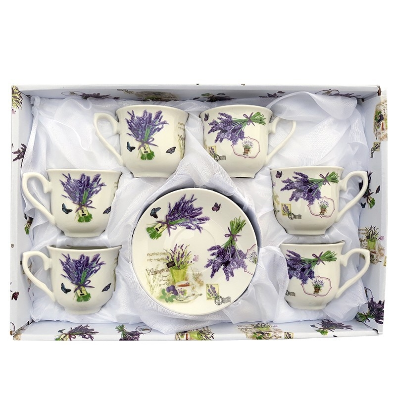 Set 6 cesti cu farfurii - lavanda Set 6 cesti cu farfurii - lavanda