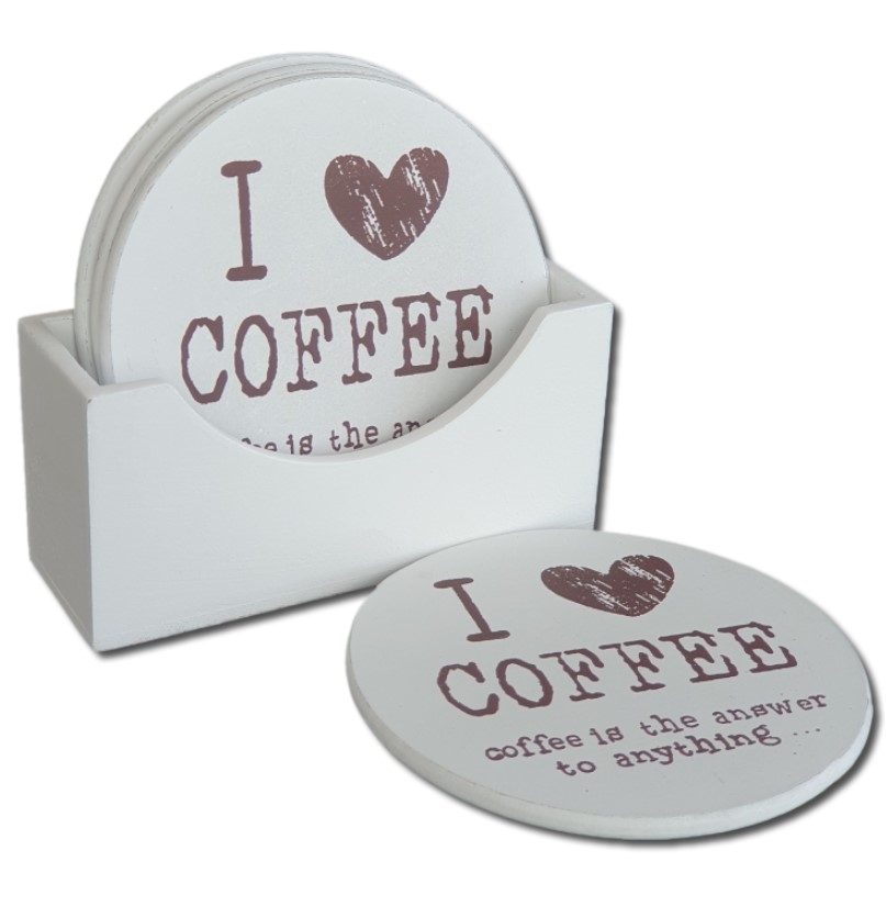 Set suporturi pahare in suport de lemn, 4 buc, alb I love coffee Set suporturi pahare in suport de lemn, 4 buc, alb I love coffee