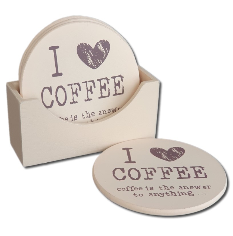 Set suporturi pahare in suport de lemn, 4 buc, crem I love coffee Set suporturi pahare in suport de lemn, 4 buc, crem I love coffee
