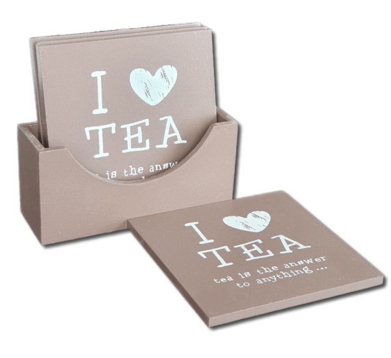 Set suporturi pahare in suport de lemn, 4 buc, I love tea, maro Set suporturi pahare in suport de lemn, 4 buc, I love tea, maro