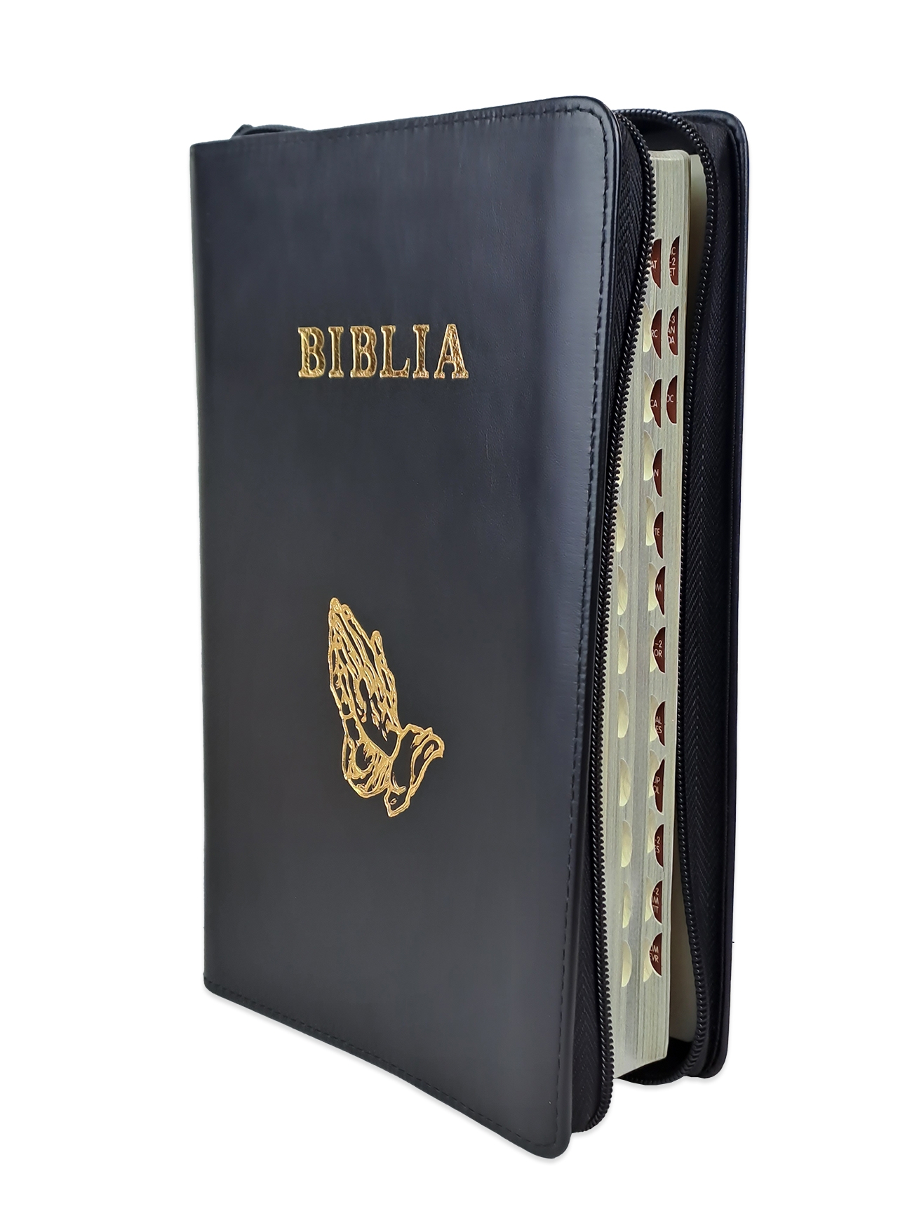 Biblie mare, piele, neagra, fermoar, index, margini argintii, simbol maini in ruga, cuv. Isus cu rosu [SI 073 PFI]