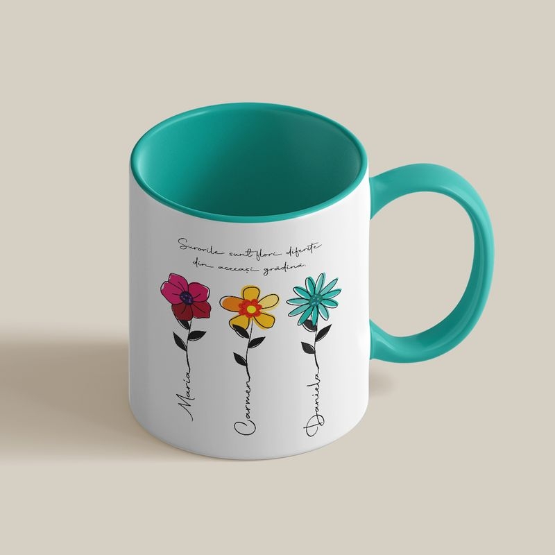Cană personalizată cu toartă și interior color și trei nume – Sisters Cană personalizată cu toartă și interior color și trei nume – Sisters