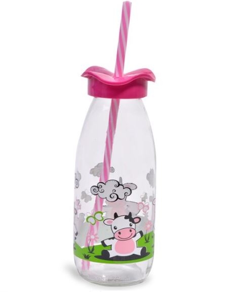 Sticla cu pai alb-roz - 500 ml Sticla cu pai alb-roz - 500 ml