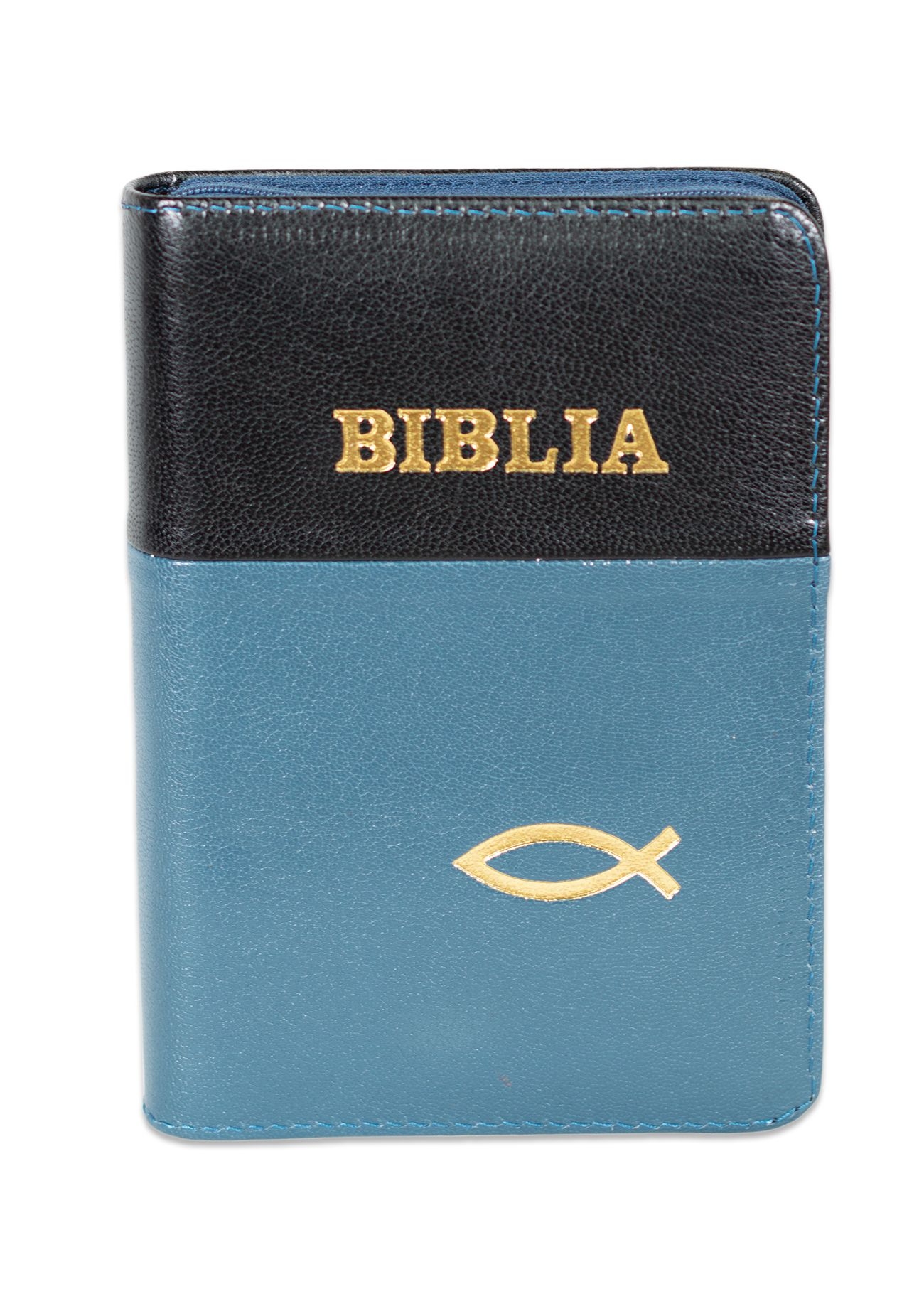 Biblia format mic, din piele, culoare negru cu albastru, dex, fermoar, margini argintii, simbol cu peste, cuv. lui Isus in rosu [047 PFI]