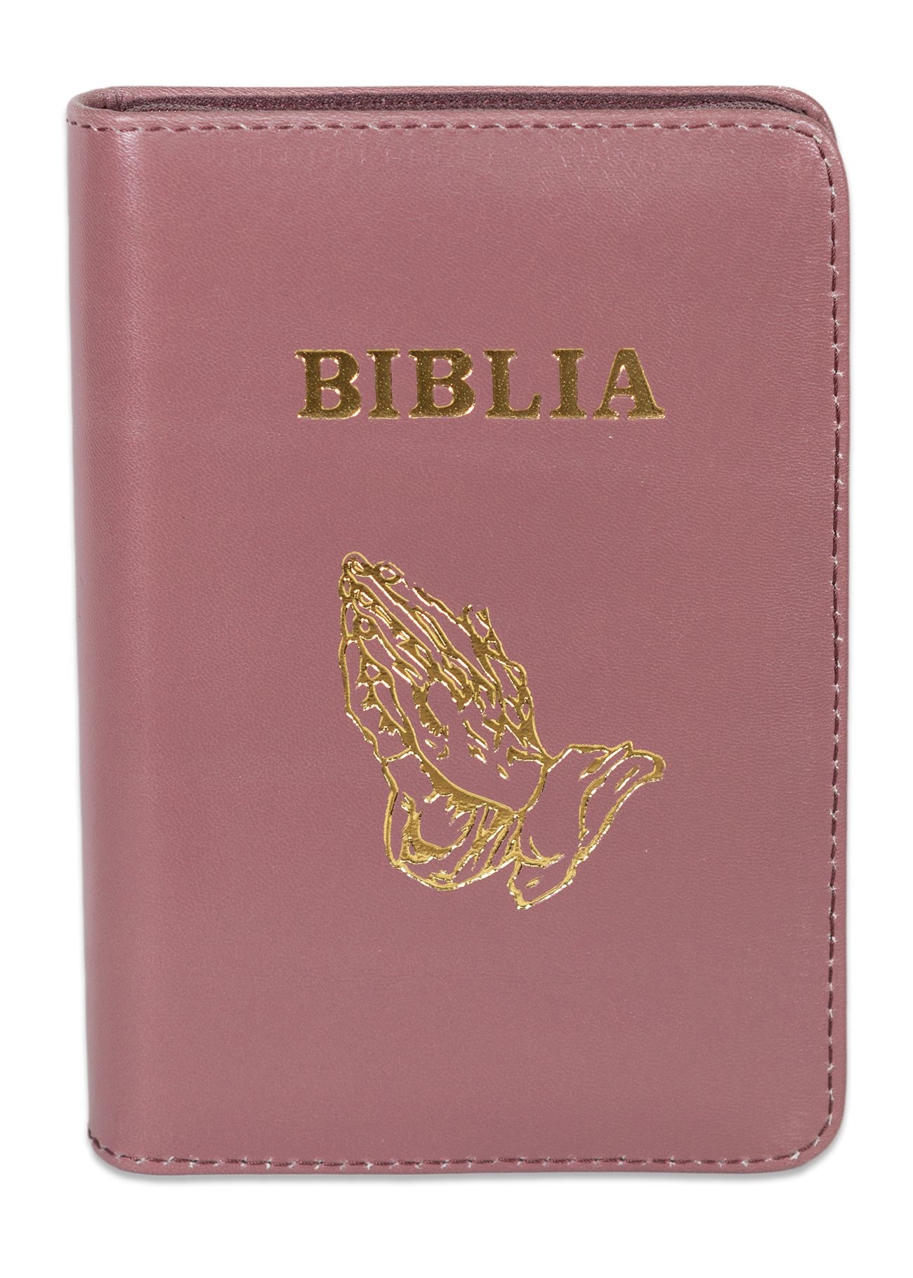 Biblia format mic, din piele, culoare roz plamaniu, index, fermoar, margini argintii, simbolul maini in ruga, cuv. lui Isus in rosu [047 PFI]