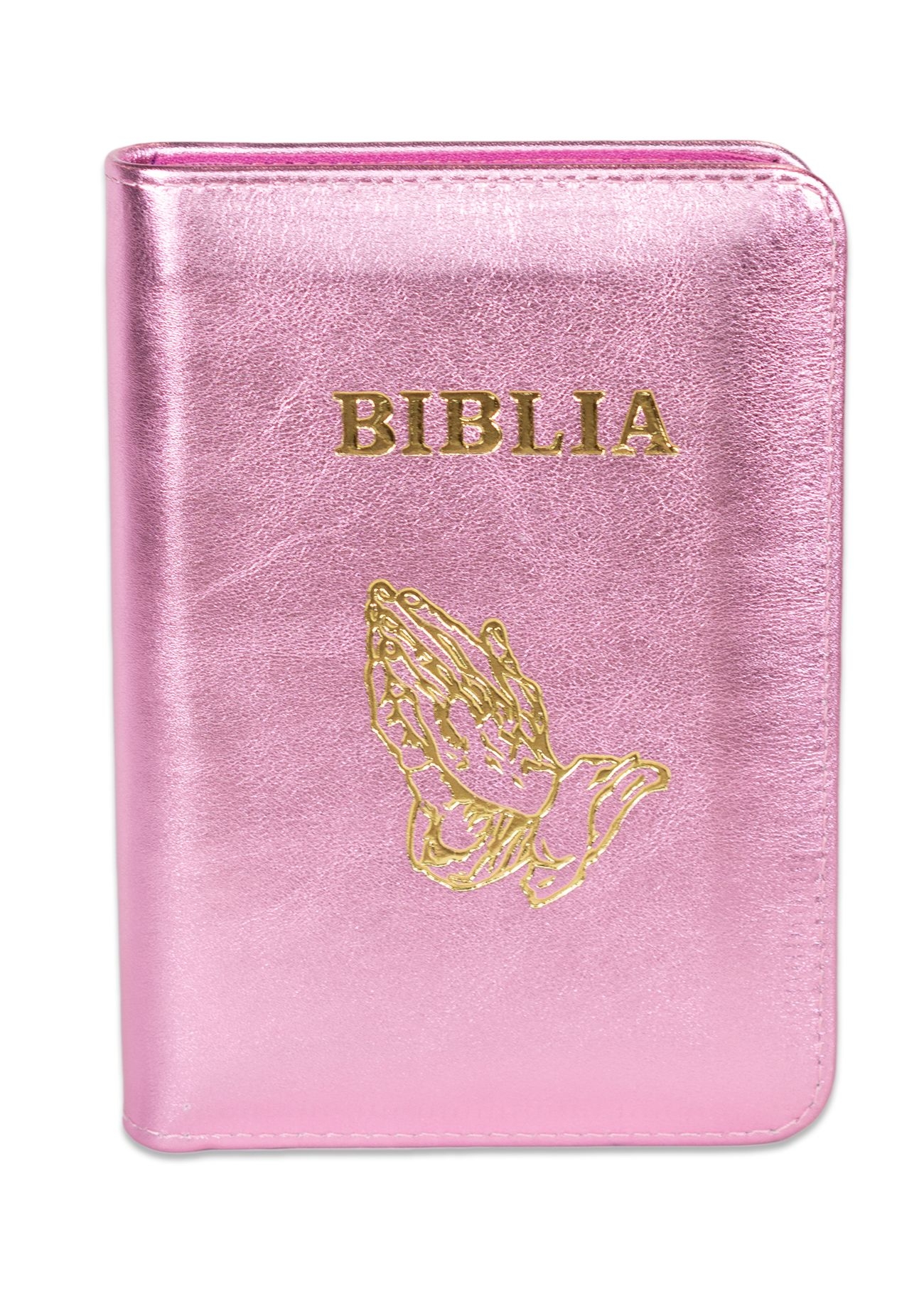 Biblia format mic, din piele, culoare roz bombon sidefat, index, fermoar, margini argintii, simbolul maini in ruga, cuv. lui Isus in rosu [047 PFI]