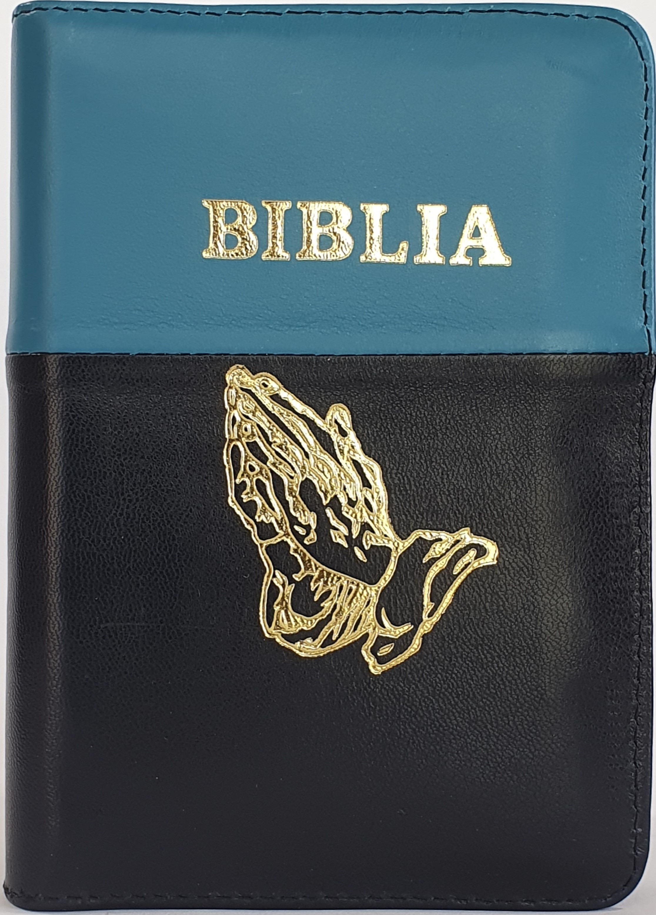 Biblia format mic, din piele, culoare turcoaz cu negru, index, fermoar, margini argintii, simbol maini in rugaciune, cuv. lui Isus in rosu [047 PFI]