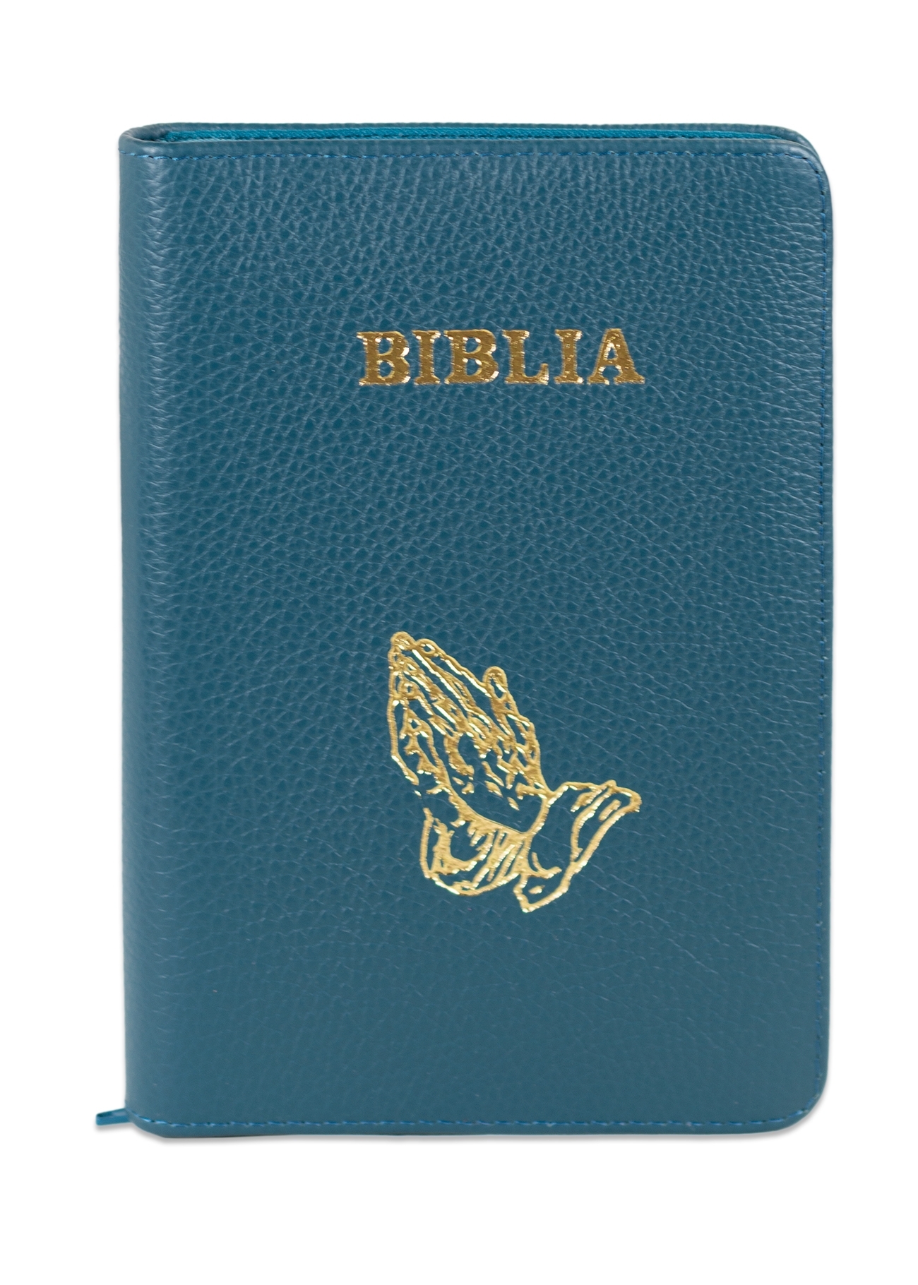 Biblia format mic, din piele, culoare turcoaz inchis stratificat, index, fermoar, simbol maini, margini argintii, cuv. lui Isus in rosu [047 PFI]