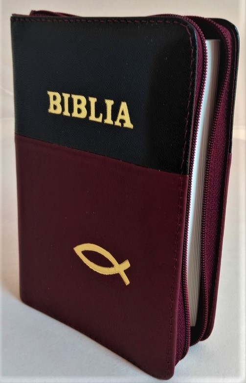 Biblie din piele, mica, negru / visiniu, fermoar, margini albe,simbol peste, cuv. lui Isus in rosu [043 PF]