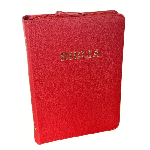 Biblia din piele, marime medie, rosu deschis, fermoar, index pe cotor, margini aurii, cuv. lui Isus in rosu [057 ZTI]