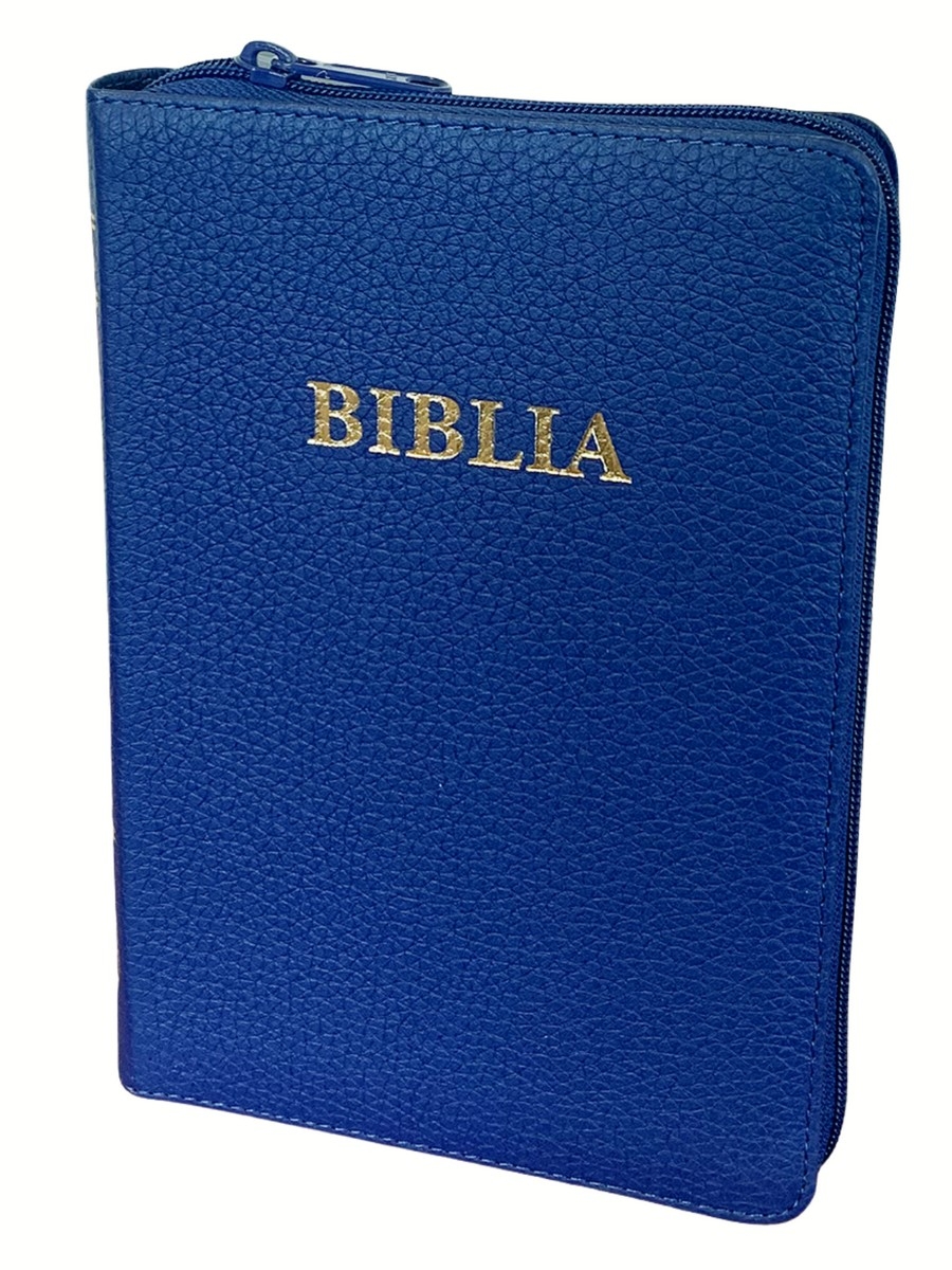 Biblia din piele, marime medie, albastra, fermoar, index pe cotor, margini aurii, cuv. lui Isus in rosu [057 ZTI]