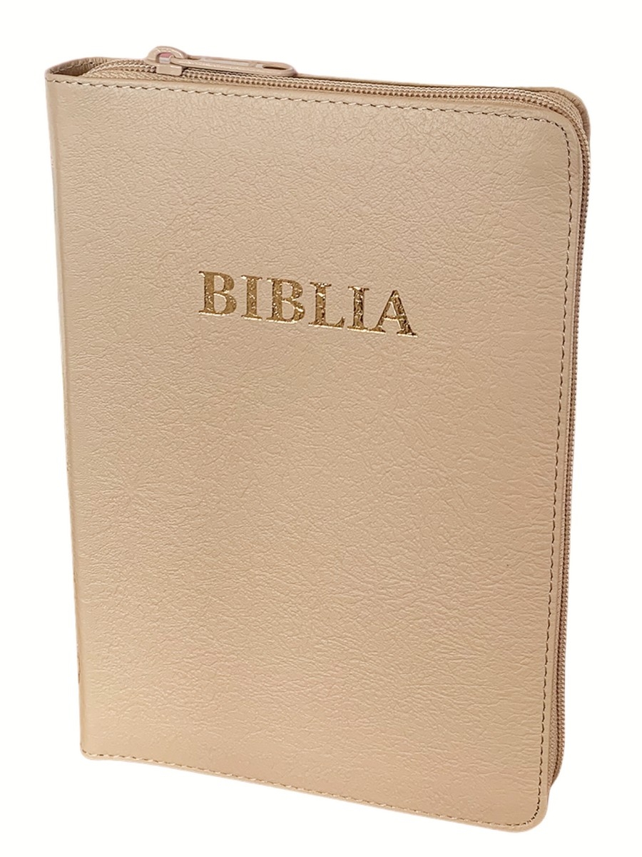 Biblia din piele, marime medie, bej, fermoar, index pe cotor, margini aurii, cuv. lui Isus in rosu [057 ZTI]