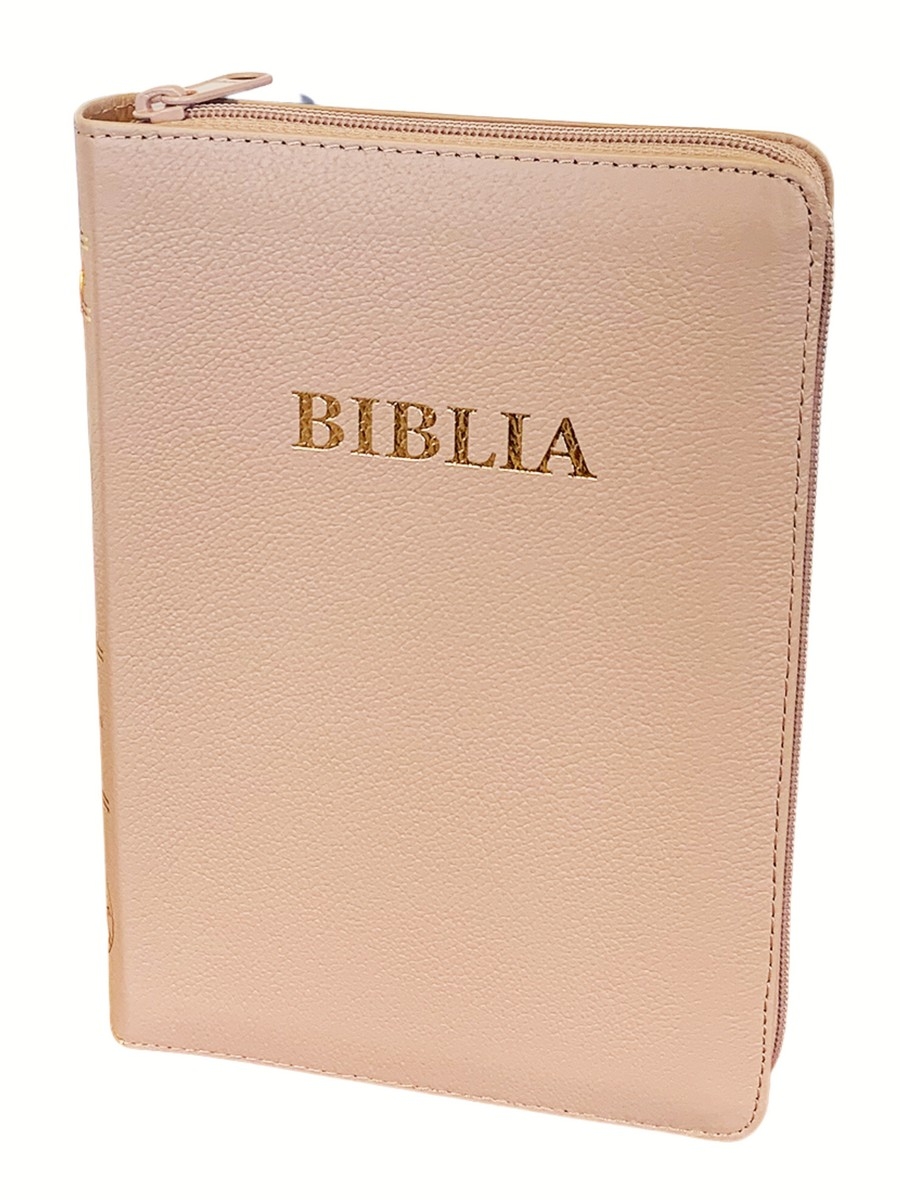 Biblia din piele, marime medie, crem, fermoar, index pe cotor, margini aurii, cuv. lui Isus in rosu [057 ZTI]