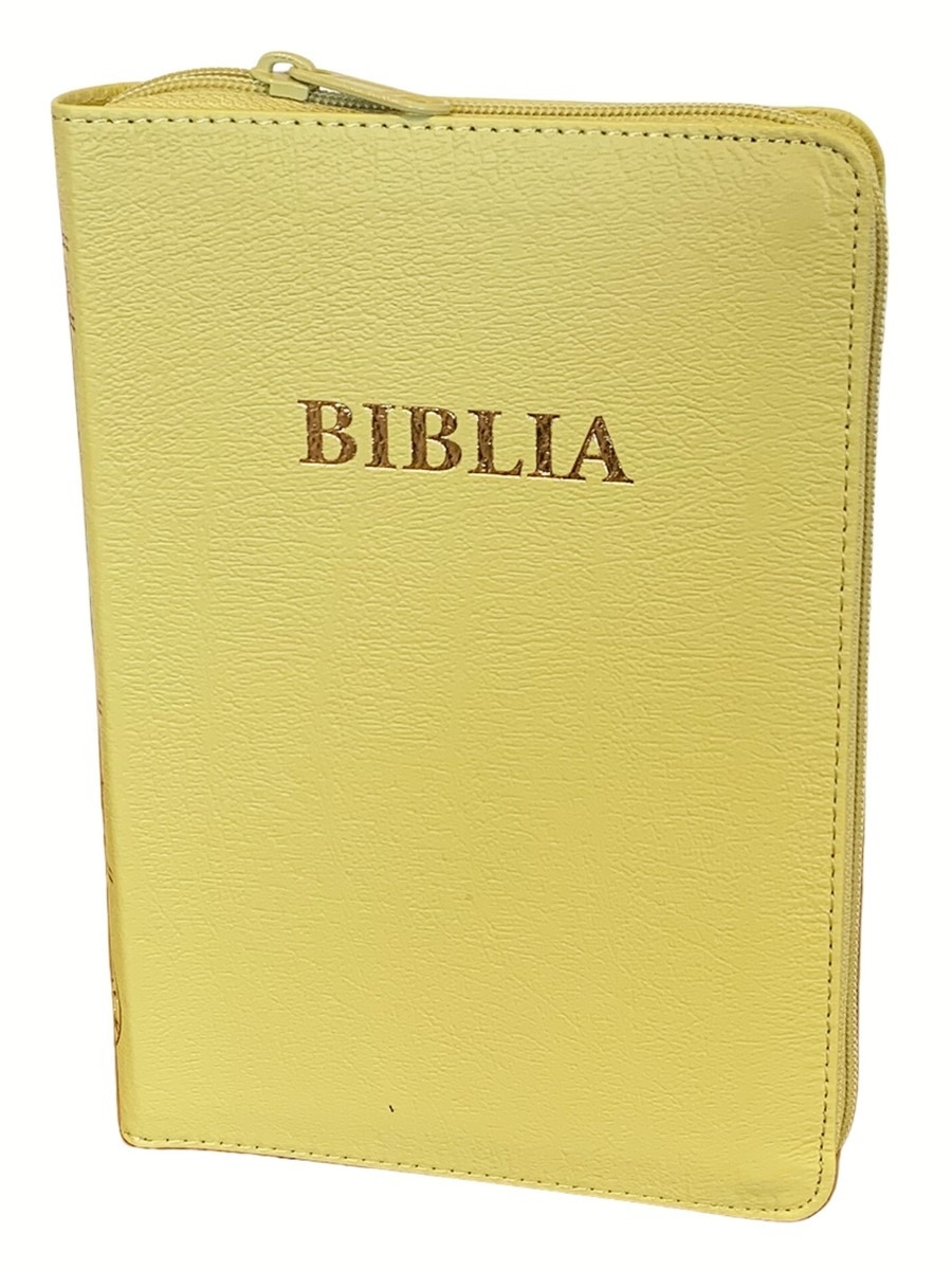 Biblie din piele, marime medie, culoare, galben, fermoar, index, margini aurii, cuv. lui Isus cu rosu [SB 057 PFI]