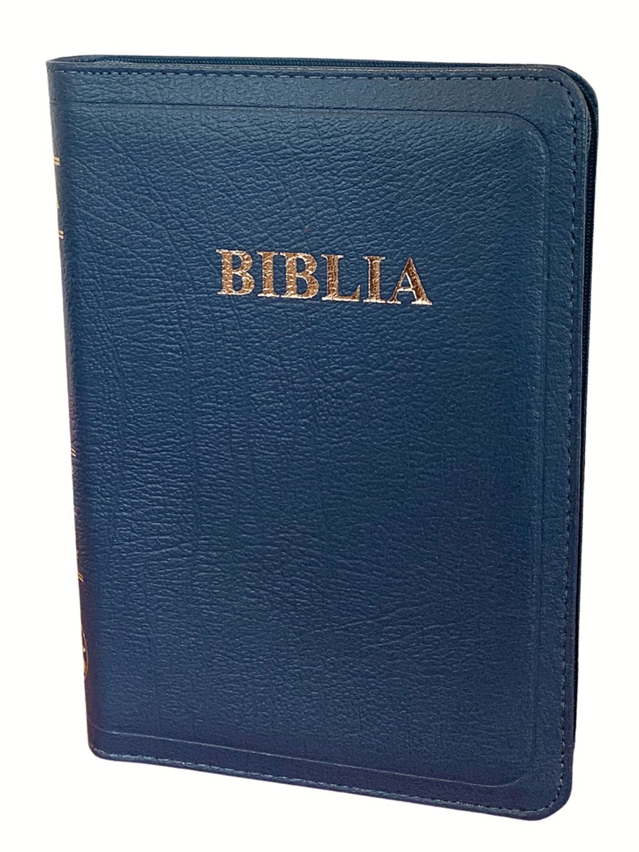 Biblia din piele, marime medie, bleumarin inchis, fermoar, index pe cotor, margini aurii, cuv. lui Isus in rosu [057 ZTI]