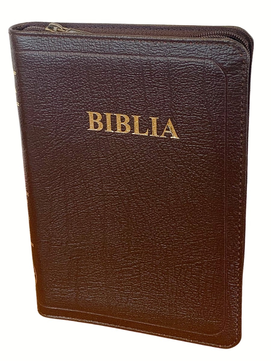 Biblia din piele, marime medie, maro inchis, fermoar, index pe cotor, margini aurii, cuv. lui Isus in rosu [057 ZTI]