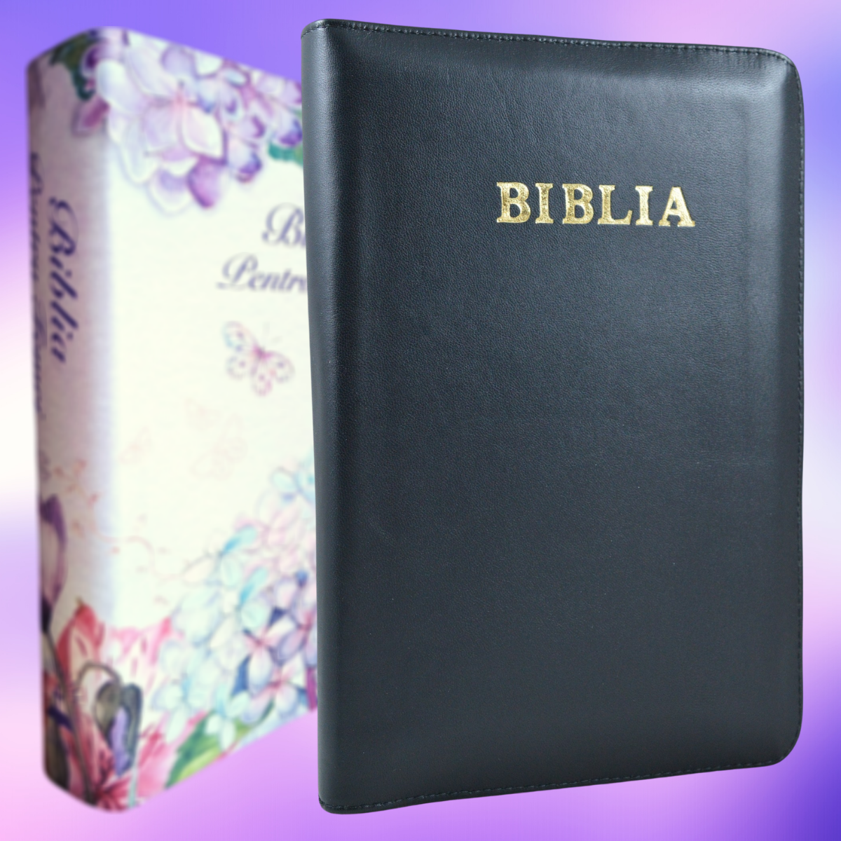 Biblia de studiu pentru femei, in piele, neagra, marime medie, fermoar, margini argintii, cuv. lui Isus cu rosu