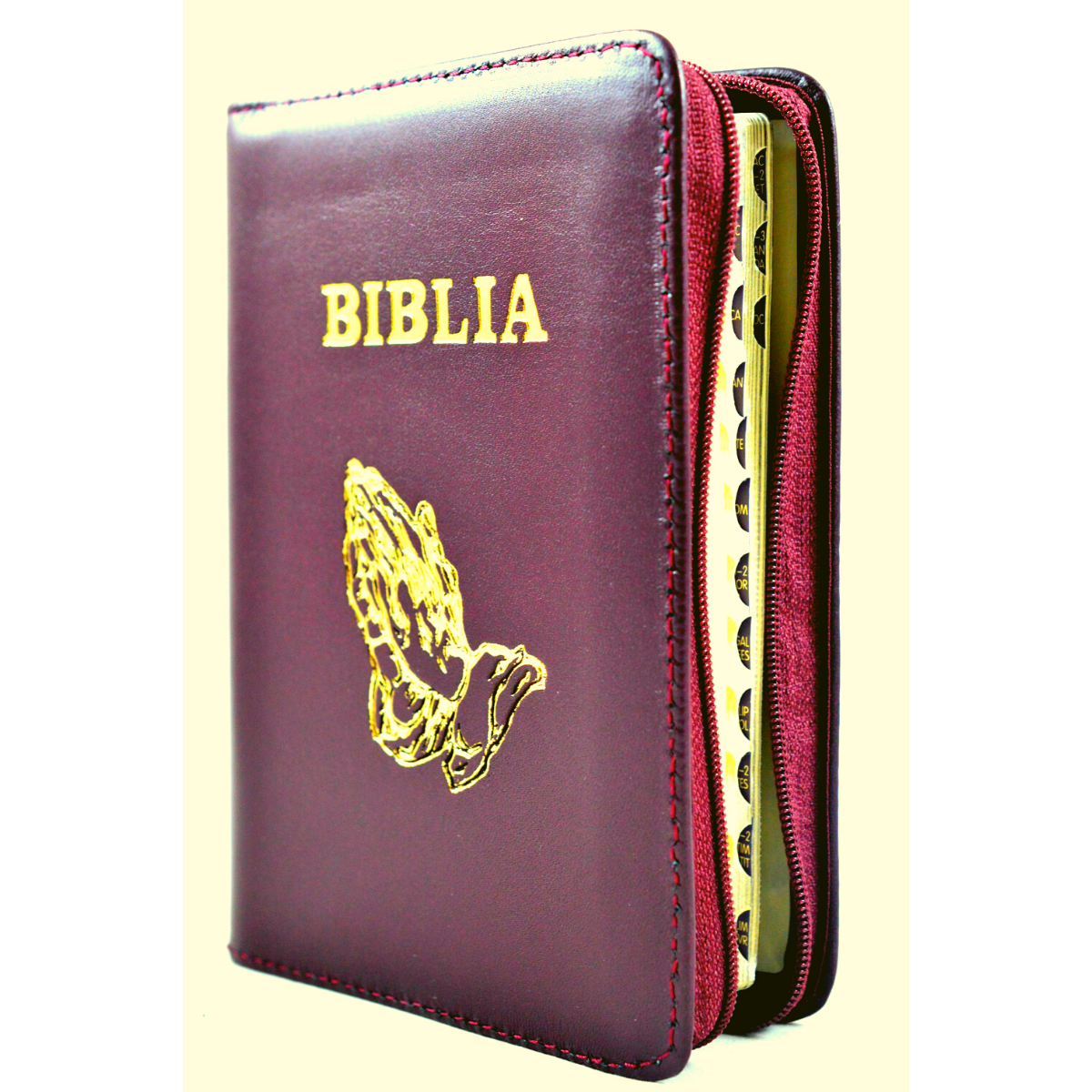 Biblia format mic, din piele, visinie lacuita, index, fermoar, margini argintii,simbolul maini in ruga, cuv. lui Isus in rosu [047 PFI]