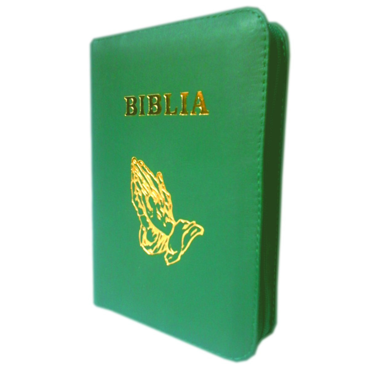Biblia format mic, din piele, verde, index, fermoar, margini argintii,simbolul maini in ruga, cuv. lui Isus in rosu [047 PFI]