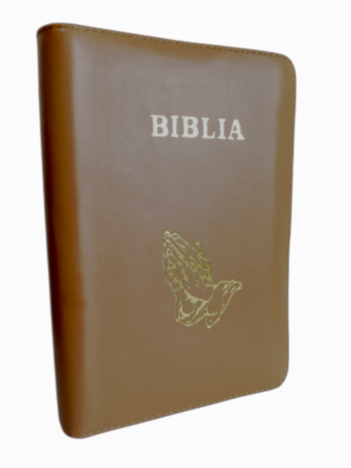 Biblia marime mare, din piele, culoare maro, cuv. lui Isus cu rosu, margini albe, fermoar, simbol maini in rugaciune[073 PF]