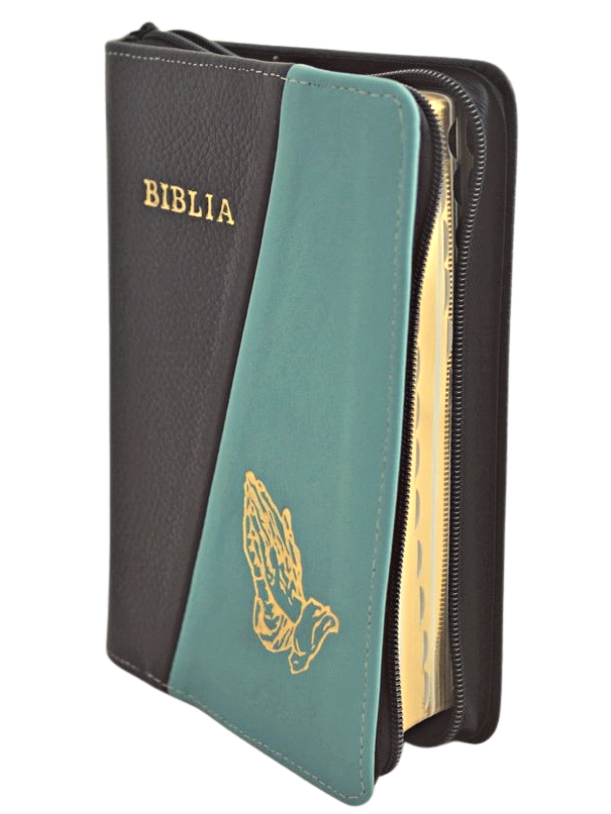 Biblie din piele, marime medie, negru / albastru pal, maini in rugaciune, fermoar, index, margini aurii, cuv. lui Isus cu rosu [SB 057 PFI]