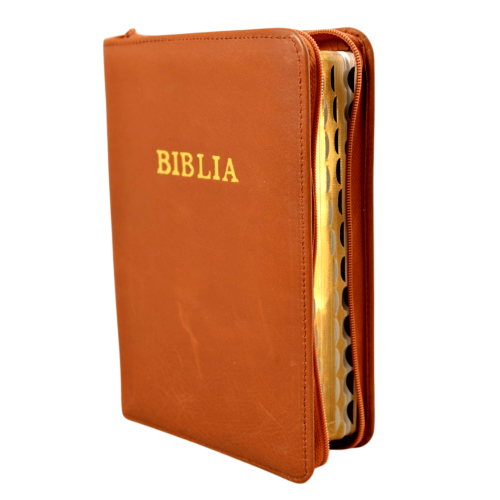 Biblie din piele, marime medie, maro roscat, fermoar, index, margini aurii, cuv. D-lui Isus cu rosu [SB 057 PFI]