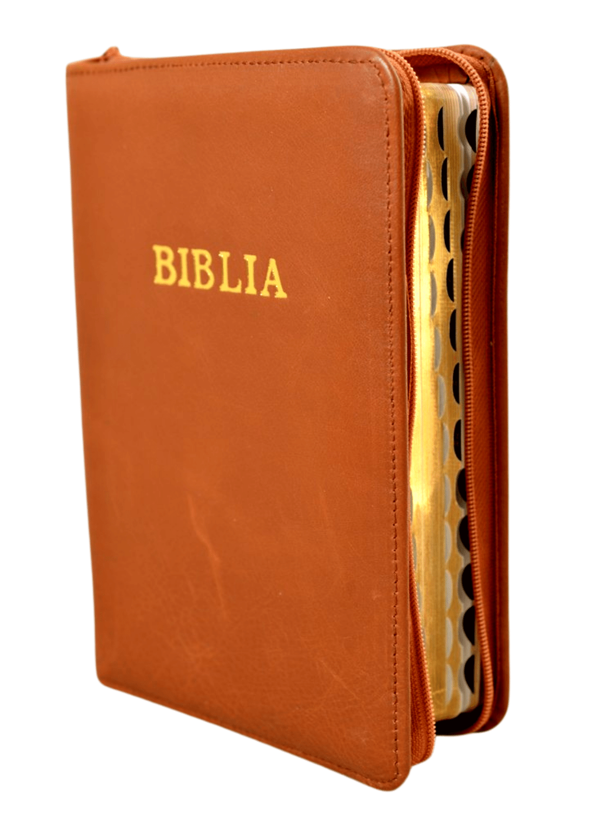 Biblie din piele, marime medie, maro roscat, fermoar, index, margini aurii, harti biblice [SI 057 PFI]