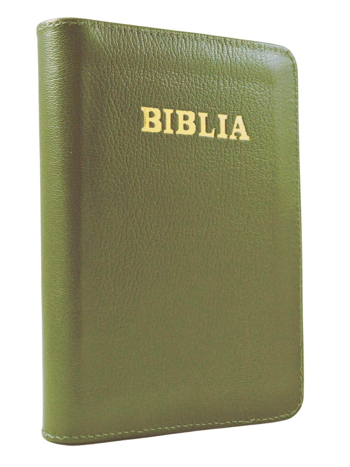 Biblie din piele, marime medie, verde oliv, fermoar, index, margini aurii, cuv. D-lui Isus cu rosu [SB 057 PFI]