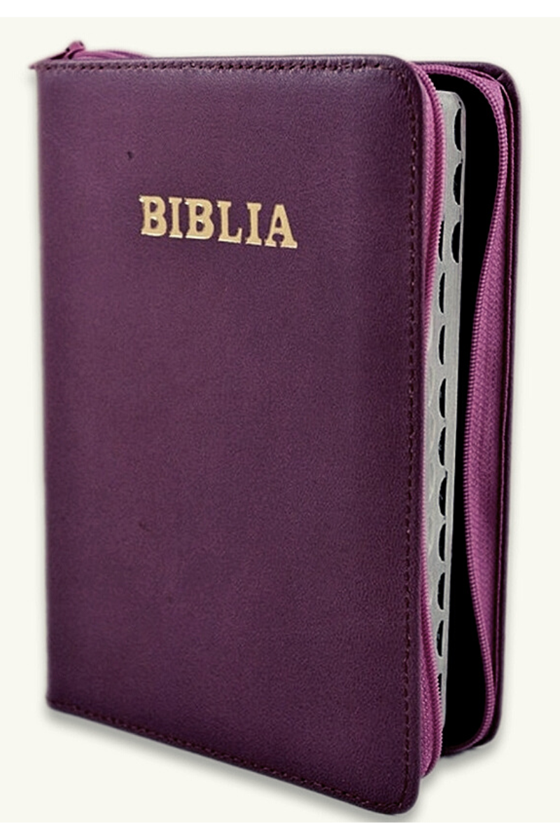 Biblia format mic, din piele, culoare mov, index, fermoar, margini argintii, cuv. lui Isus in rosu [047 PFI]