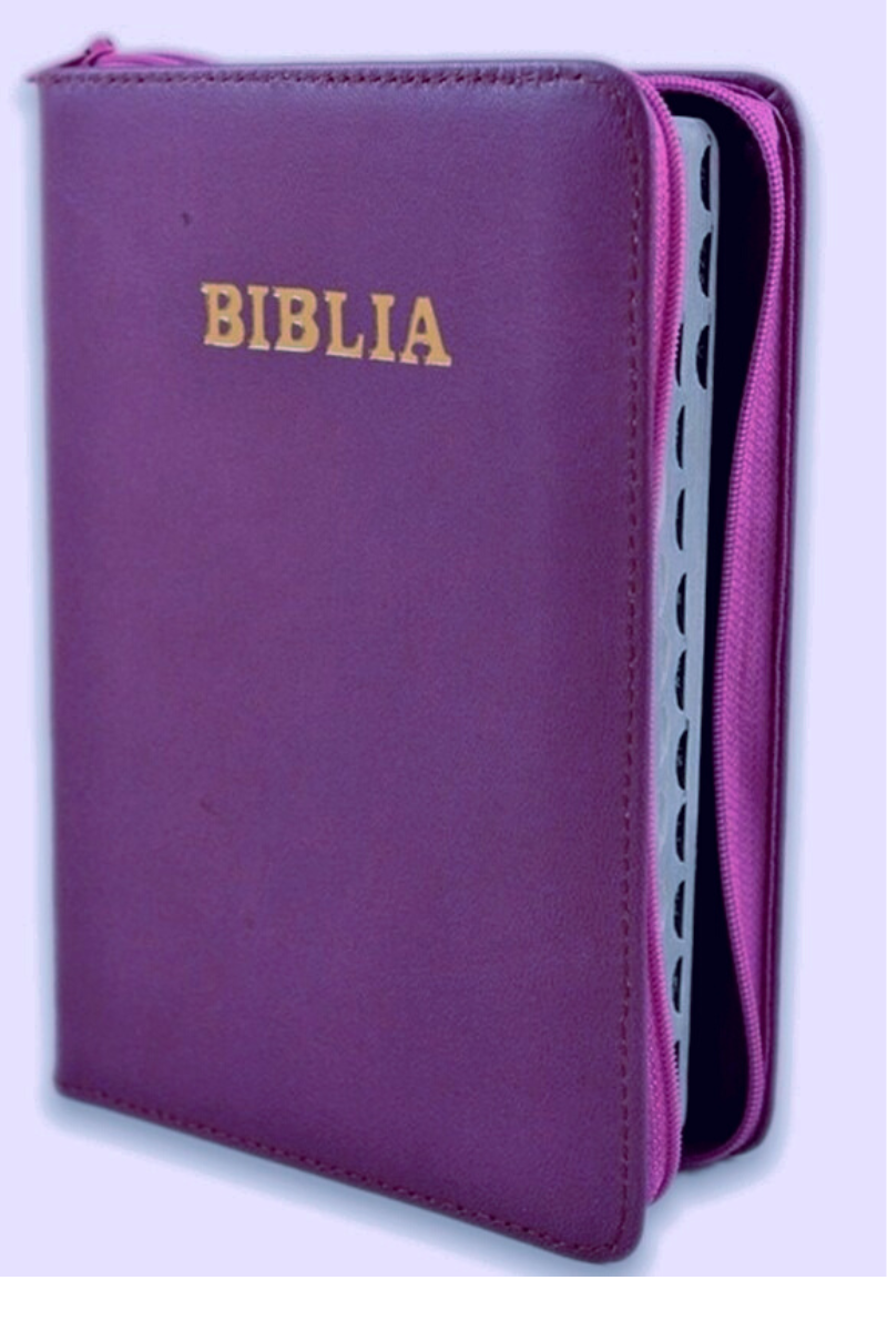 Biblia format mic, din piele, culoare mov deschis, index, fermoar, margini argintii, cuv. lui Isus in rosu [047 PFI]