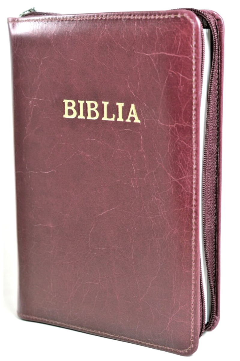 Biblia din piele, marime medie, visiniu inchis marmorat, fermoar, cuv. lui Isus cu rosu [053]