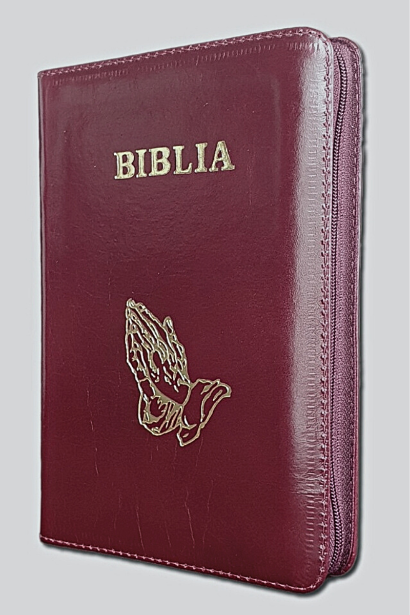 Biblia din piele, marime medie, visiniu marmorat, fermoar, margini albe,simbol maini, cuv. lui Isus cu rosu [053]