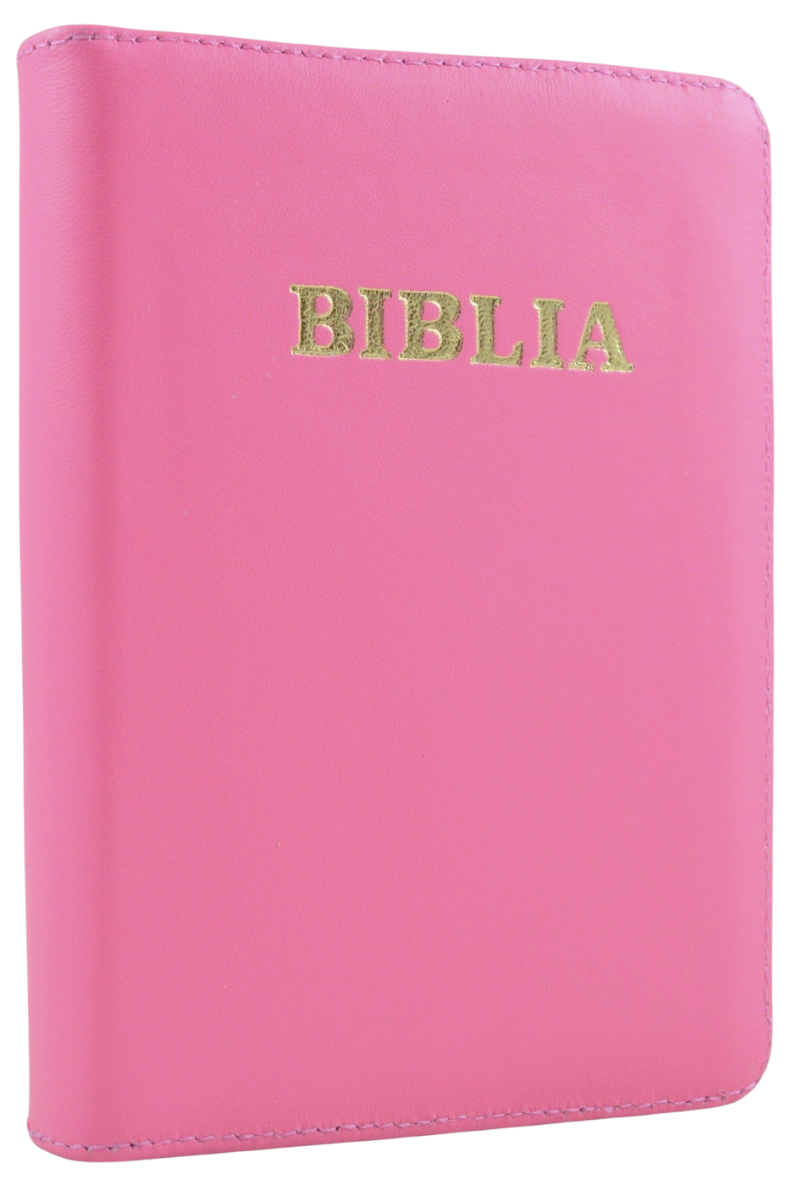 Biblia din piele, marime medie, culoare roz, fermoar,margini albe, cuv. lui Isus cu rosu [053]