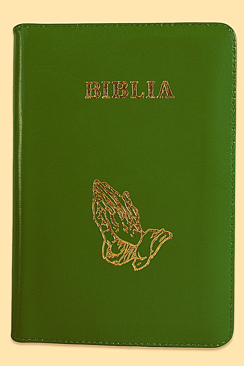 Biblie din piele, marime medie, verde, fermoar, maini in rugaciune, margini albe,cuv. lui Isus cu rosu [053]