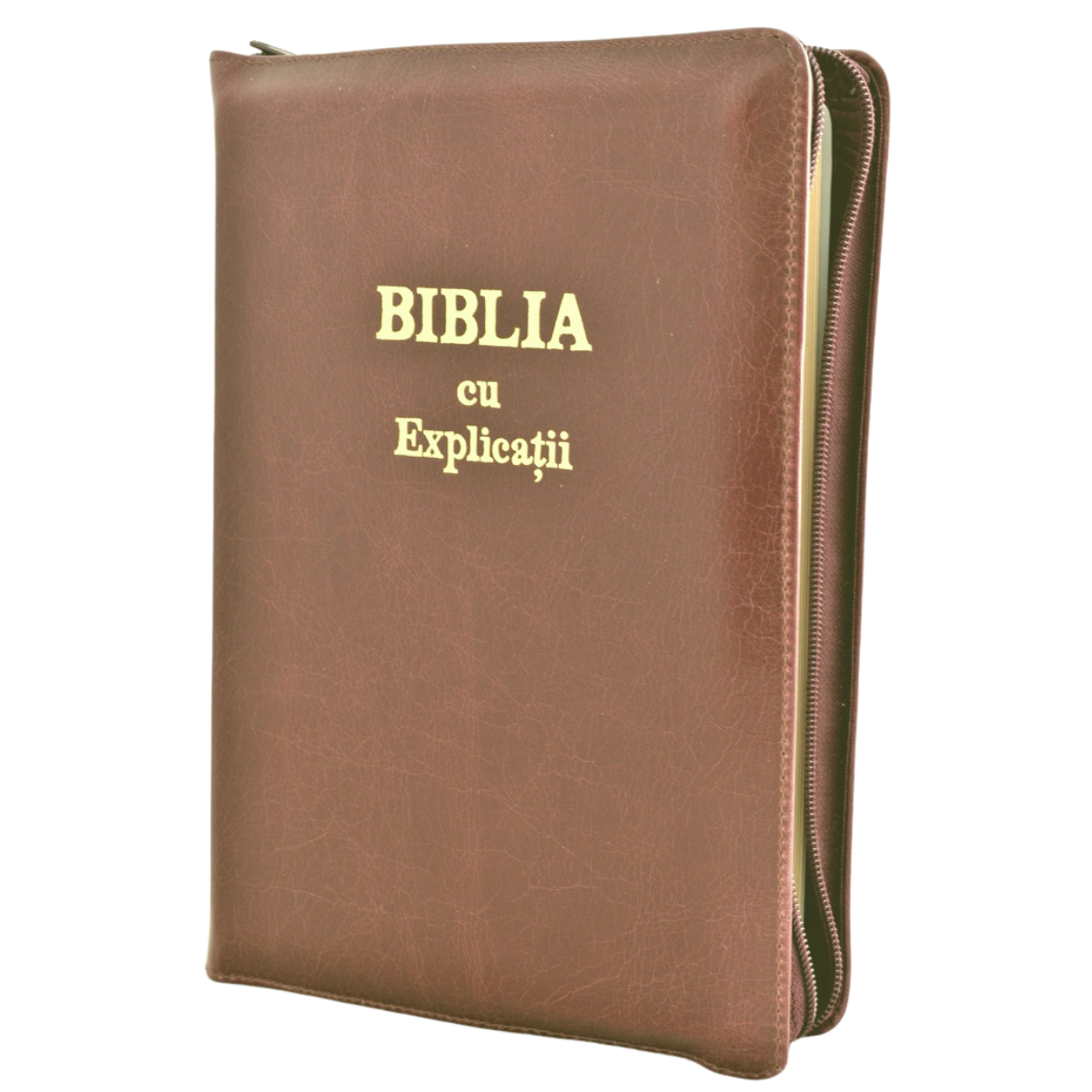 Biblia cu explicatii + concordanta biblica, piele naturala, maro, fermoar, fara index, aurita, cuv. lui Isus cu rosu [CO 77 PF]