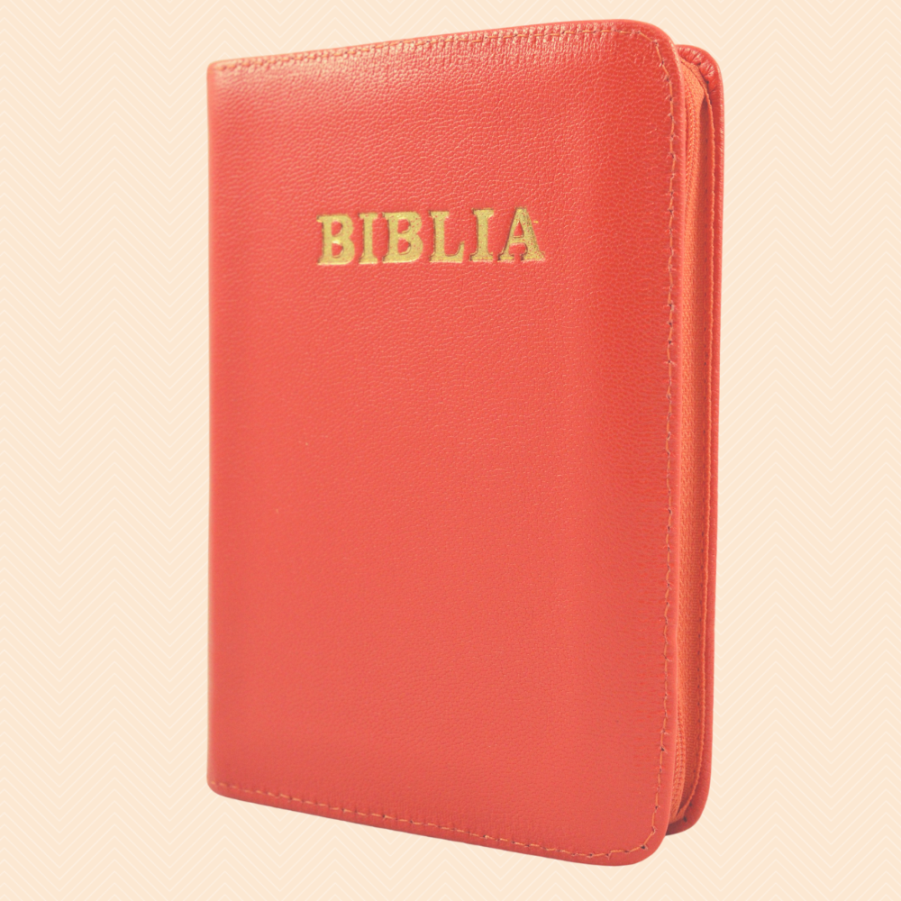 Biblia din piele, marime medie, rosu coral sters, fermoar, cuv. lui Isus cu rosu [053]