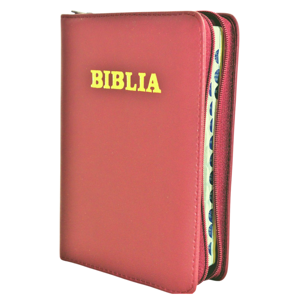Biblia format mic, din piele, rosu grena, index, fermoar, margini argintii, cuv. lui Isus in rosu [047 PFI]