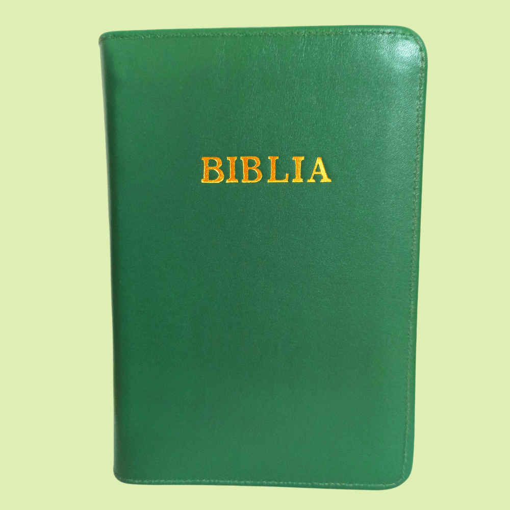 Biblia din piele, marime medie, verde, fermoar,margini albe, cuv. lui Isus cu rosu [053]