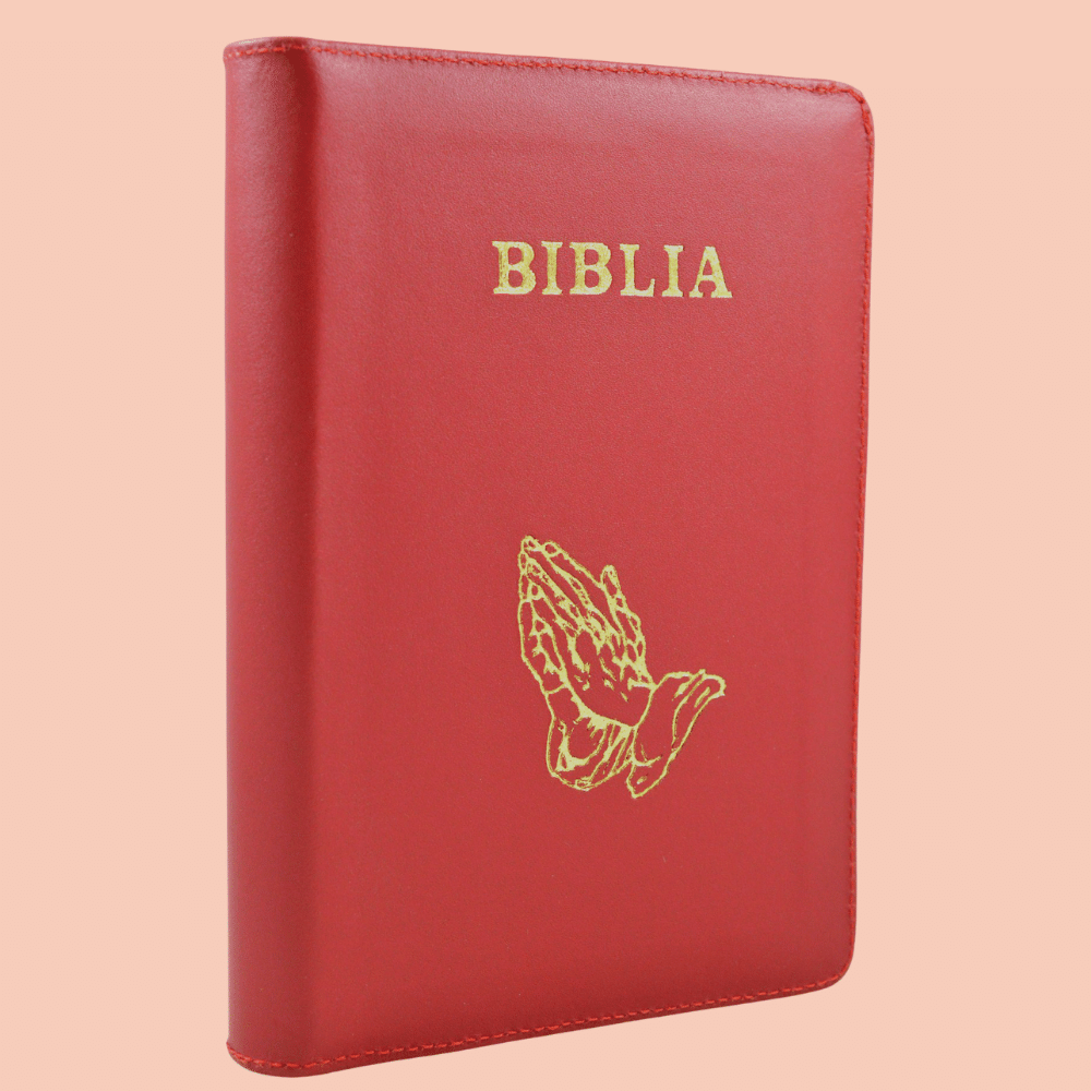 Biblia din piele, marime medie, rosu inchis, fermoar, simbol maini, cuv. lui Isus cu rosu [053]