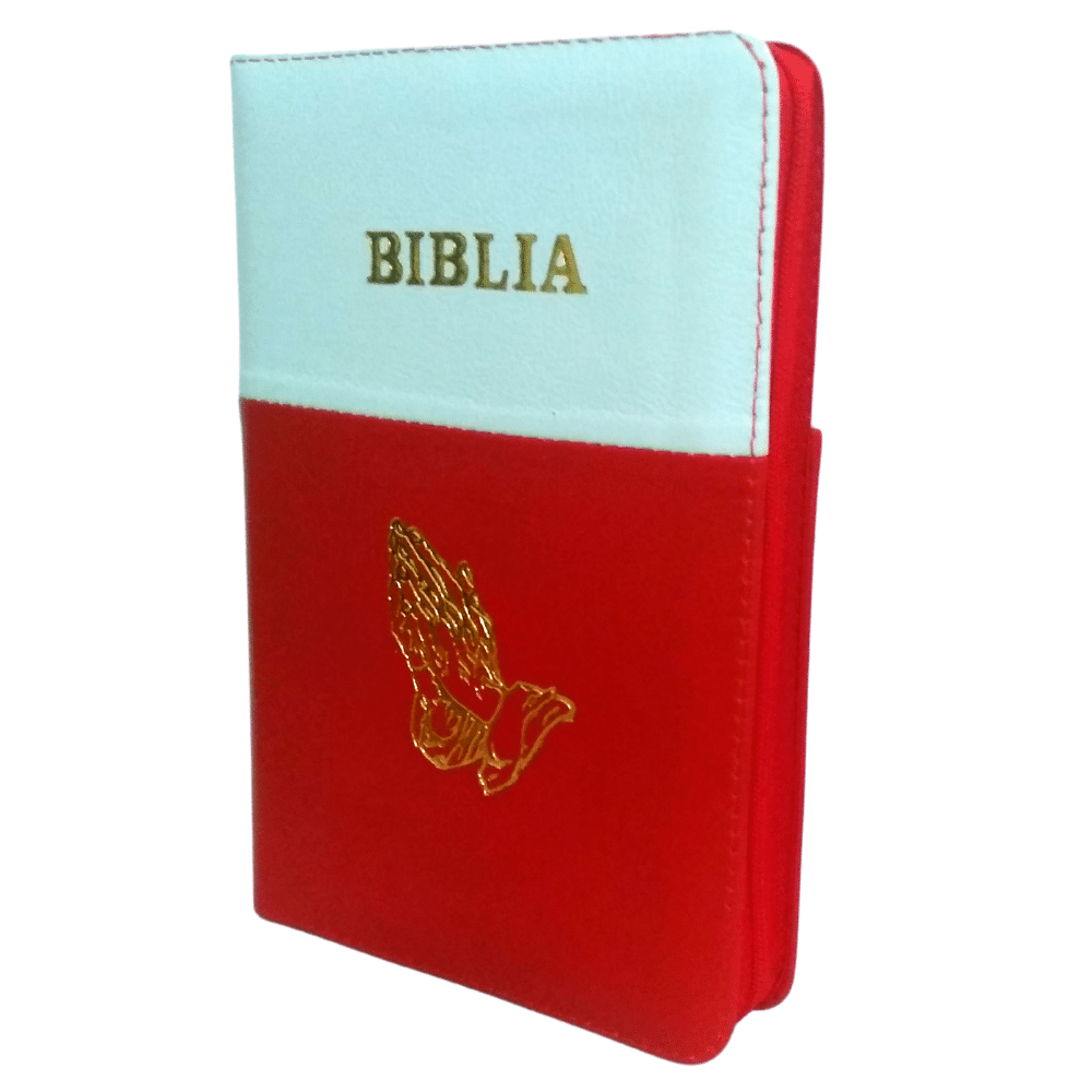 Biblia din piele, marime medie, alb-rosu, fermoar, simbol maini, cuv. lui Isus cu rosu [053]