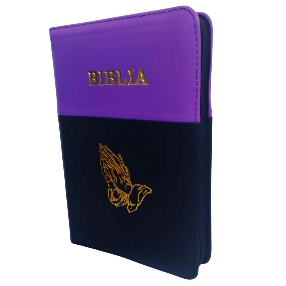 Biblia piele, marime medie, mov-negru, fermoar, simbol maini, cuv. lui Isus cu rosu [053]