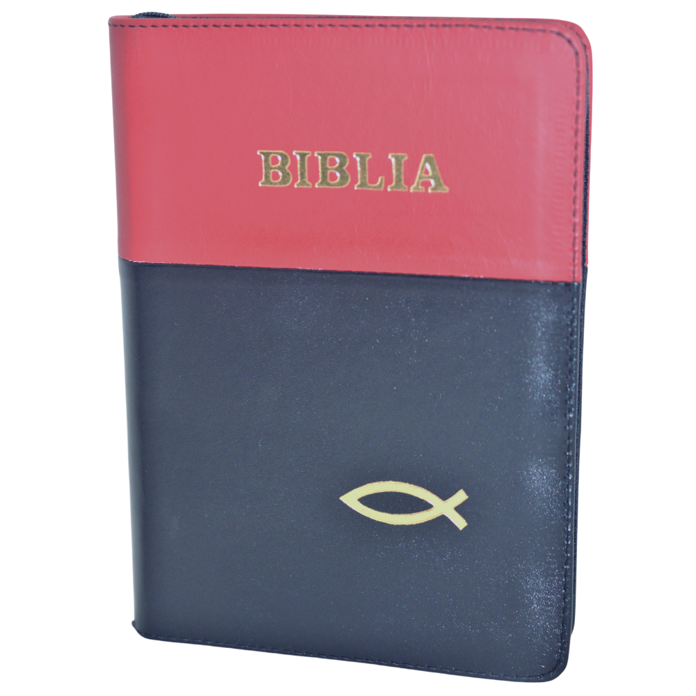 Biblia din piele, marime medie, rosu - negru, margini albe,simbol peste, cuv. lui Isus cu rosu [053]