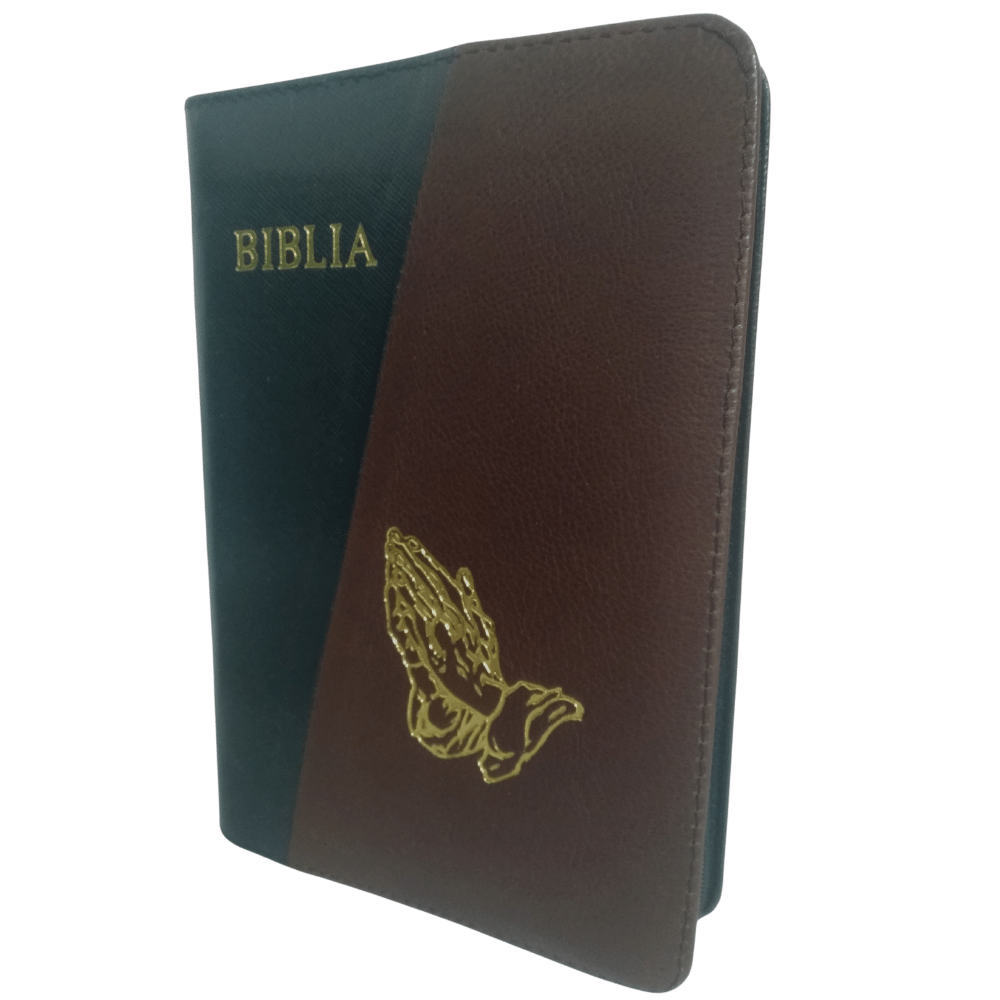 Biblia din piele, marime medie, negru / maro inchis, fermoar, cu maini, cuv. lui Isus cu rosu [053]