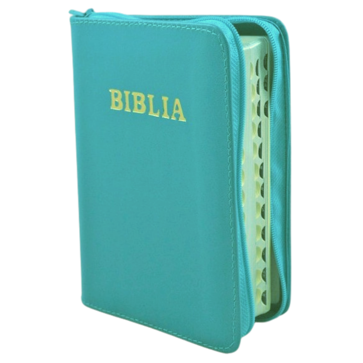 Biblia format mic, din piele, culoare turcoaz, index, fermoar, margini argintii, cuv. lui Isus in rosu [047 PFI]