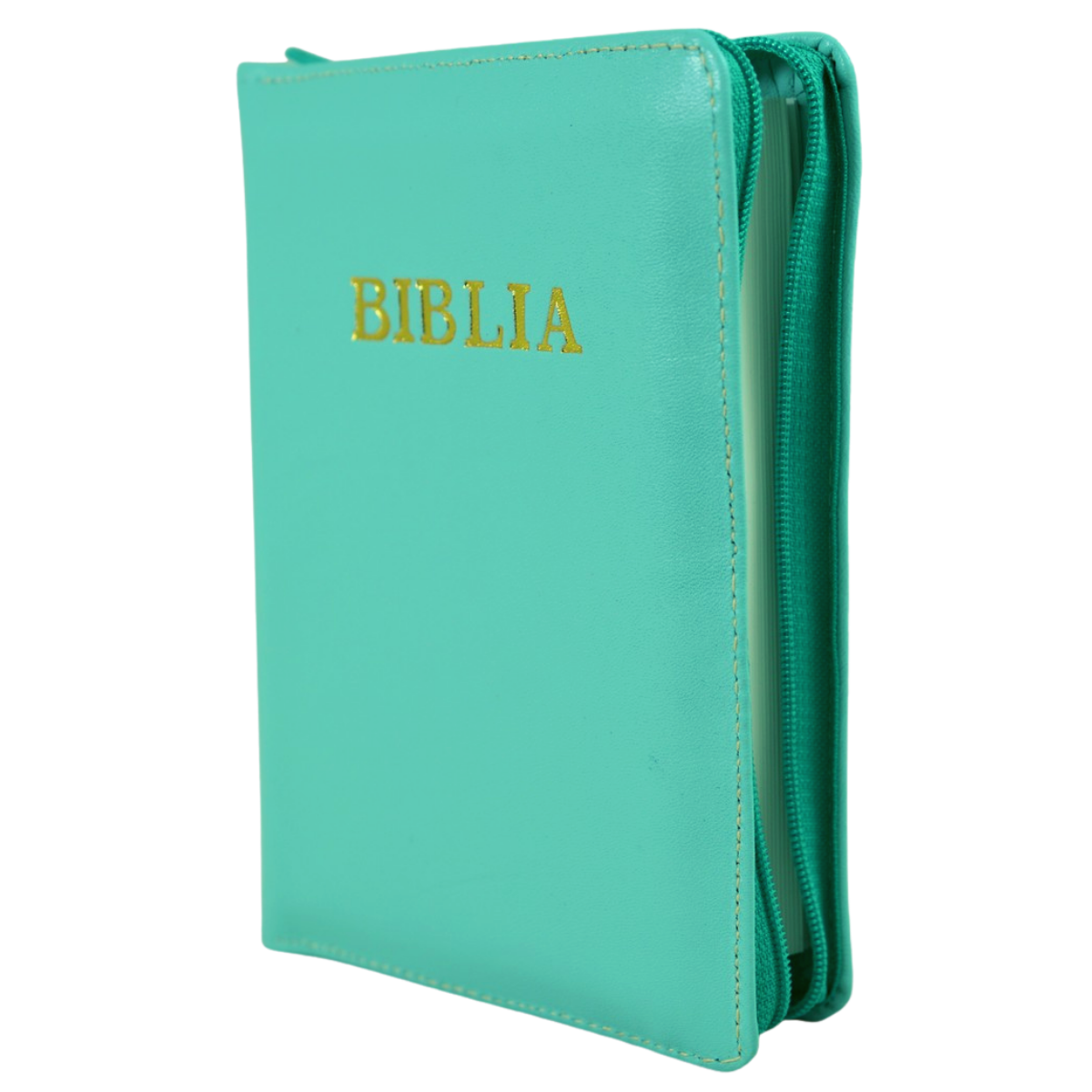 Biblie din piele, mica, turcoaz, fermoar, margini albe, cuv. lui Isus in rosu [043 PF]